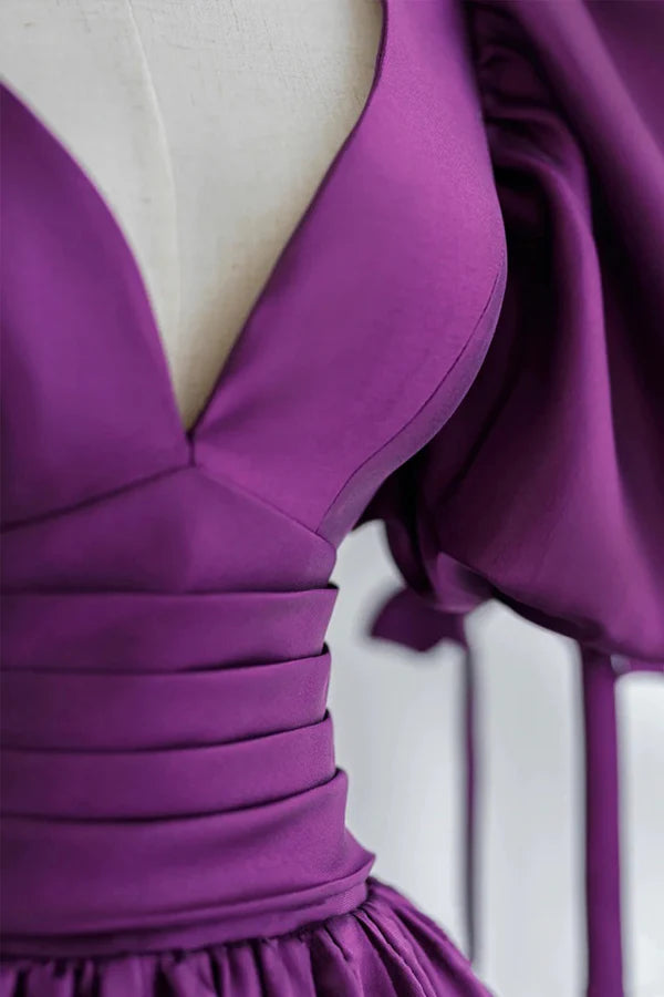 Wholesale Purple V-Neck Satin Long Formal Evening Dress A-Line Puff Sleeve Party Dress